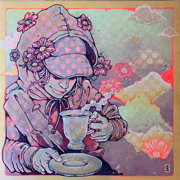 Painting on tan toned panel of a person holding up a steaming cup of coffee off of a saucer. She looks down at it and smiles, wearing a hooded jacket and a baseball cap. Background is an abstract cloudy sky.