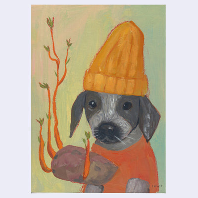 Painting of a small gray dog wearing an orange shirt and a goldenrod yellow beanie. A sweet potato grows in front of it with long roots.