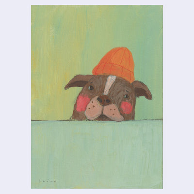 Painting of a dog wearing an orange beanie, peeking out from a green table. Background is a warmer shade of green.