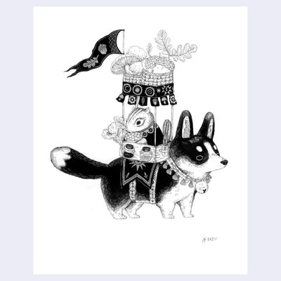 Black ink illustration on white paper of a corgi like dog, acting as a mount with a covered seat on its back. A chipmunk sits in the stall with various mushrooms, acorns and jars.