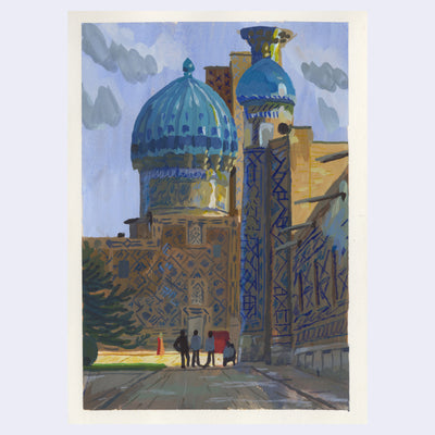 Plein air painting of an ornate building, akin to architecture in the Middle East with domed roofs.