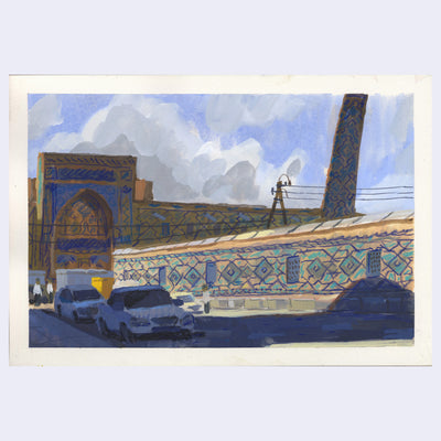 Plein air painting of a sidewalk with parked cars and a long wall painted ornately in a pattern of blues. 