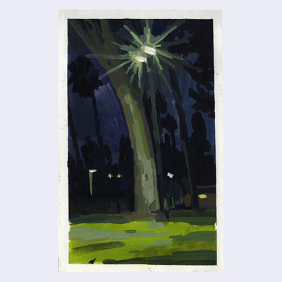 Plein air night time painting of a curved tree trunk and 2 street lamps illuminating a grassy lawn.