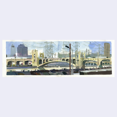 Plein air painting of a large bridge over the Los Angeles River, with lots of industrial buildings and power lines around it.