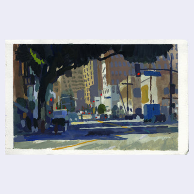 Plein air painting of a city street shaded by large trees. Cars are parked and the whole street is lined with red traffic lights.