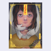 Cover for "Soft", featuring an illustration on a canvas textured paper of a girl with sunken, concerned eyes and a bandaid on her neck. Ghostly white hands caress her face.