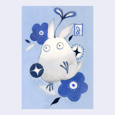 Monochromatic white and blue painting of a white rabbit like creature with circular cartoon eyes and no mouth. It has small bird like feet and bounds through the air. Around it are blue and white flowers.