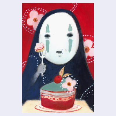 Illustration of No Face in a cute style with a wide face. It has a strawberry cake in front of him and holds a bite on a fork, mid chew. 