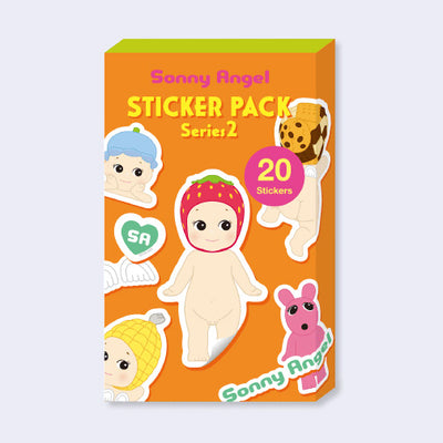 Small product packaging for Sonny Angel Sticker Pack Series 2, an orange flat box with Sonny Angels wearing different themed hats decorating the cover.