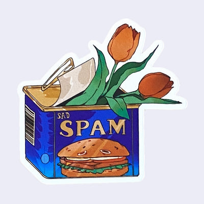 Die cut sticker of a can of spam with 2 red tulips coming out of it like a vase.