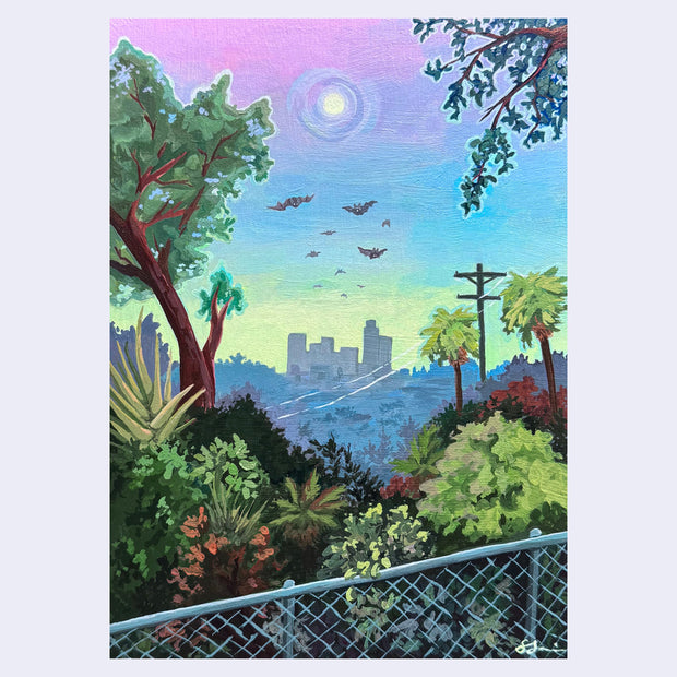 Landscape painting of downtown LA at sunset seen from a distance, framed by various foliage and a chain link fence. Sunset is light green to blue to purple and bats fly in the sky.