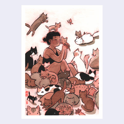 Illustration in mostly sepia tones of a tan girl sitting on the floor, amongst over a dozen cats, of all different breeds and sizes. She holds up a small kitten to her face and closes her eyes as the kitten holds out its paw. 