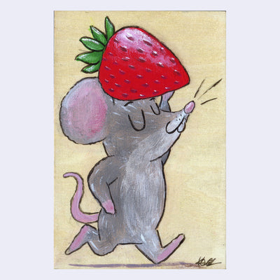 Painting on exposed wooden panel of a cartoon mouse walking with its eyes closed and a smirk, holding a large strawberry atop its head.