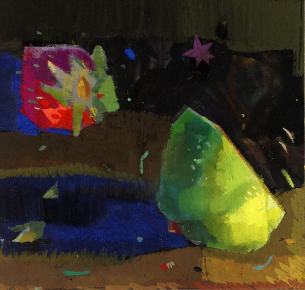 Painting done in a stylistically messy style of a strawberry and a lime, in a dark lit room.