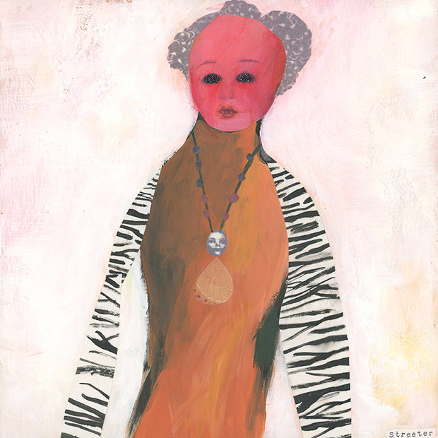 Mixed media collage on cream colored background of a woman wearing an orange dress with black and white striped sleeves. Her head is a pink baby doll's head with gray fluffy hair.