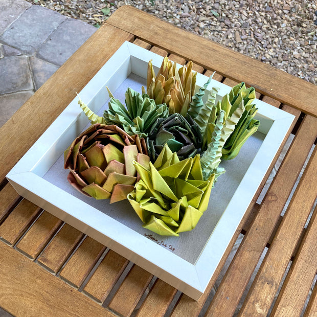 Open shadowbox featuring a 3D paper sculpture of a series of succulents.