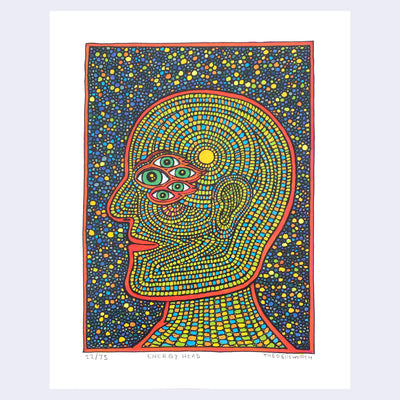 Colorful illustration of a head, seen in profile view with 4 eyes and many dots to fill out the entirety of his head like a swirling pattern.