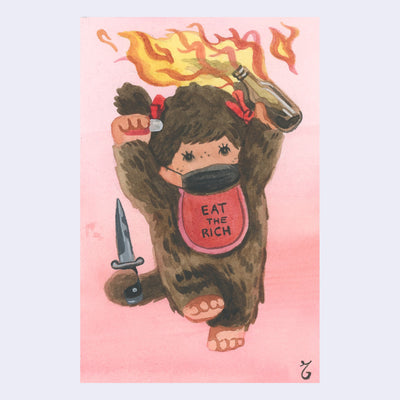 Painting of a cute brown Monchichi monkey doll, wearing a black mask and a bib that reads "eat the rich". It wields a flaming bottle and a dagger in its tail.