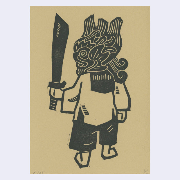 Black ink relief print on tan toned paper of a child wearing an ornate full face mask of a dragon or possible lion. They look back over their shoulder and hold a large machete.