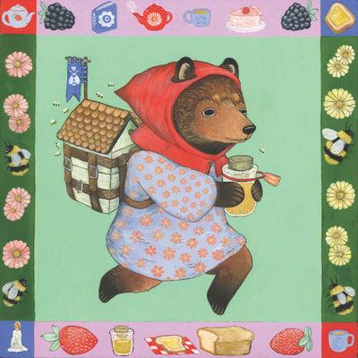 Painting of a cartoon bear, standing on its hind legs like a person and wearing a red scarf on its head and a blue floral pattern dress. It holds a jar of honey nd on its back is a mini house with bees flying around it. Piece is framed by an illustrative nature and food themed border.