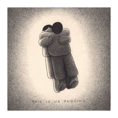 Softly rendered graphite illustration of 2 characters with very rounded curvature in their bodies, floating and embracing one another. Text below reads "This is us hugging"