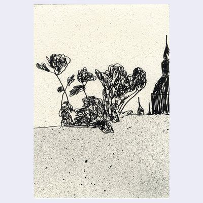 Stylistically messy ink drawing of a bush on a flat sandy ground. A large church tower is in the background, mostly out of frame.