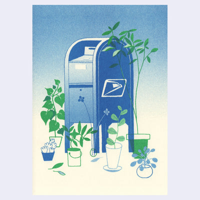 Risograph print of a US postbox, blue with the USPS logo on the side. Around it are various sized potted plants. Background is blue to cream gradient.