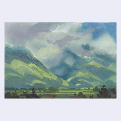 Plein air painting of very tall green mountains with fog all around them. The ground is flat with the occasional tree or bush.