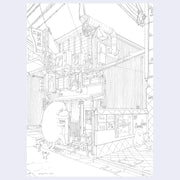 Graphite illustration of a Japanese restaurant exterior, with a creature walking in under the fabric entrance, holding a small tomato in one of its arms.  