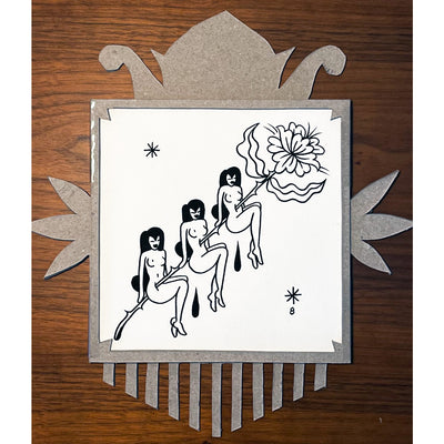 Black ink illustration on white paper of 3 nude woman with long dark hair. They all sit and, in a row, a large thorned flower pierces though all of them.