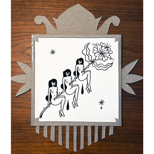 Black ink illustration on white paper of 3 nude woman with long dark hair. They all sit and, in a row, a large thorned flower pierces though all of them.