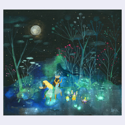 Painting of a night time scene under a full moon, with 2 woman and small cute alien creatures dancing with bowls of water and plants growing all around them.