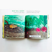 Open book spread of illustrations of a chipmunk foraging for seed next to a radish patch.