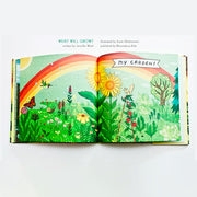 Open book spread of illustrations of a lush and bright garden with many flowers and foliage, with birds, bugs and squirrels in it.