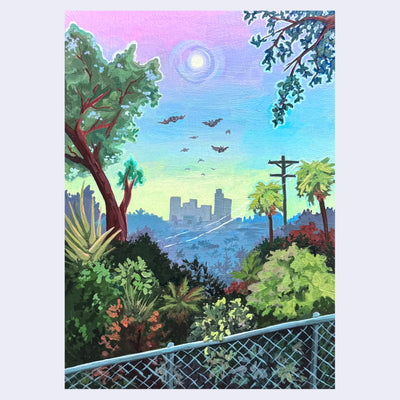 Landscape painting of downtown LA at sunset seen from a distance, framed by various foliage and a chain link fence. Sunset is light green to blue to purple and bats fly in the sky.