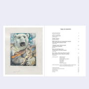 Table of contents, featuring an illustration of a polar bear and a small man. Other side lists the contents and applicable pages.