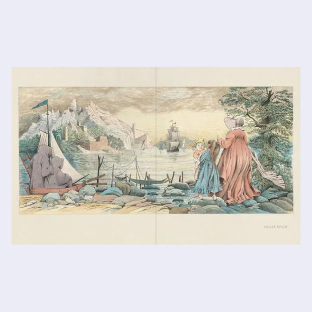 2 page excerpt, an illustration spreading both pages of a shore with large boats in the distance. People dressed in old fashioned dresses or cloaks look off towards them.