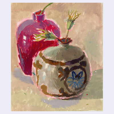 Stylistically messy painting of 2 rounded plant pots with very few flowers sprouting out.