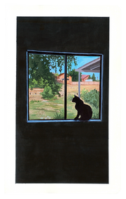 Painting of a mostly black room, with the silhouette of a cat sitting in a window sill. Out the window is a farm setting.