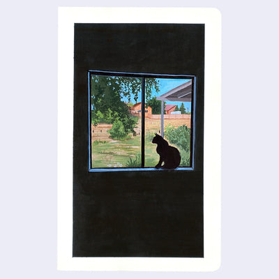 Painting of a mostly black room, with the silhouette of a cat sitting in a window sill. Out the window is a farm setting.