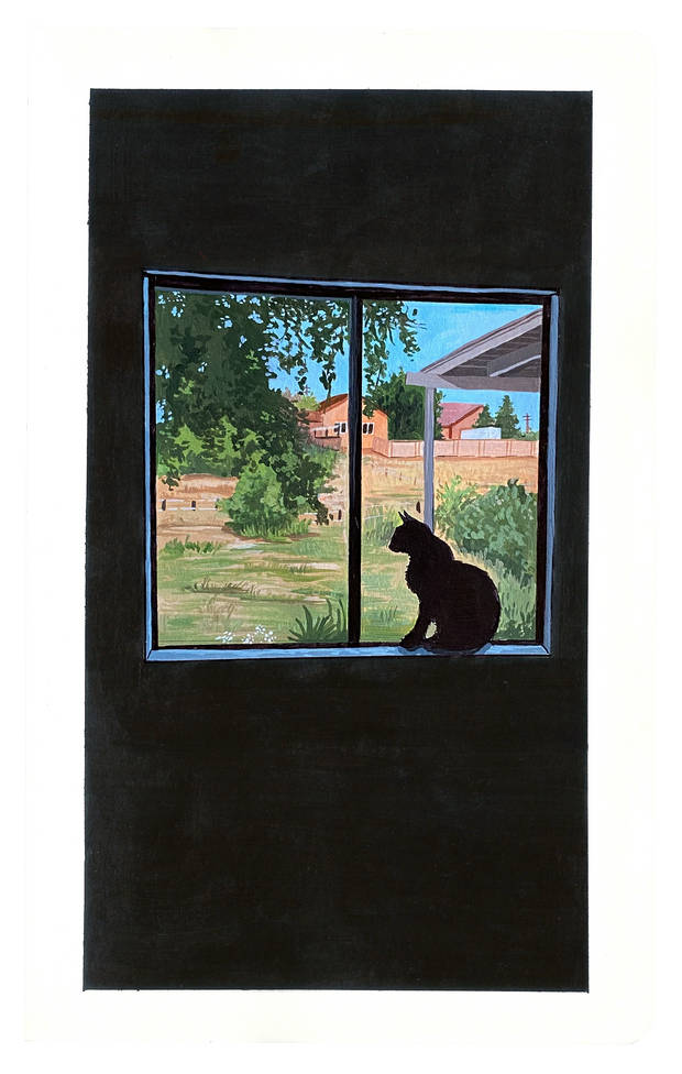 Painting of a mostly black room, with the silhouette of a cat sitting in a window sill. Out the window is a farm setting.