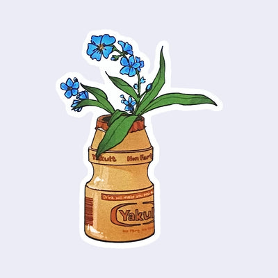 Die cut sticker of a bottle of Yakult with some blue flowers and leaves coming out the top like a flower bouquet in a vase.