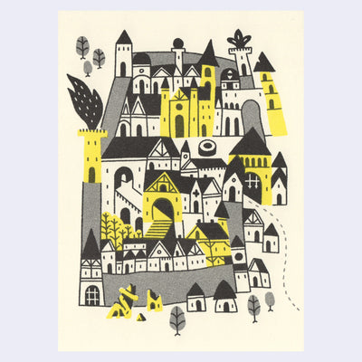 Risograph print of a town, slightly old fashioned looking with pointed roofs and some towers. Most is black and white with some yellow coloring.