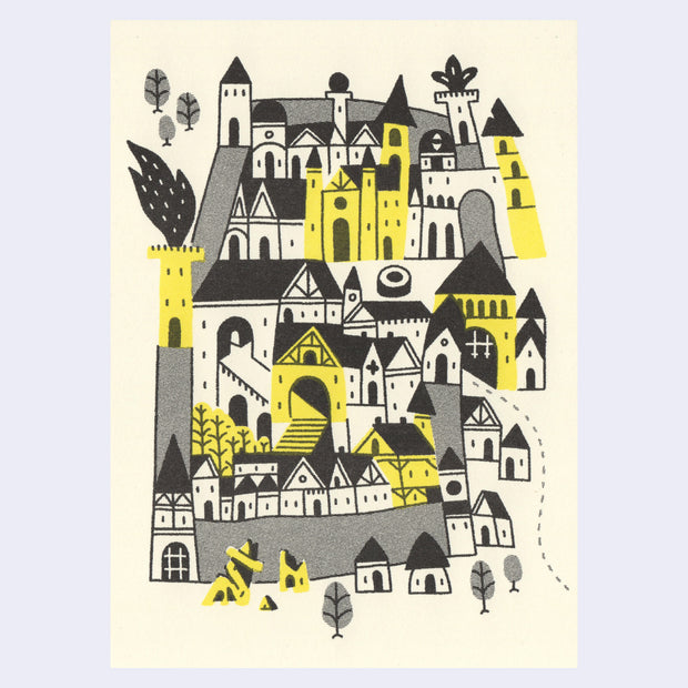 Risograph print of a town, slightly old fashioned looking with pointed roofs and some towers. Most is black and white with some yellow coloring.