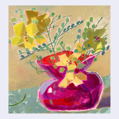 Stylistically messy painting of several yellow flowers with greenery in a slanted reddish purple vase.