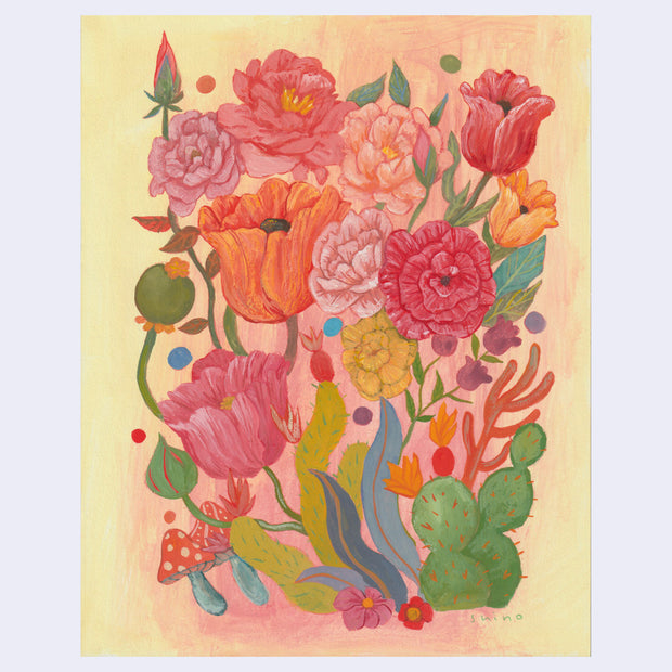 Painting of a bouquet of flowers of various colors: mostly warm oranges, reds and pinks. A few cacti and mushrooms decorate the bottom of the arrangement.