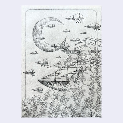 Graphite drawing on white paper of a large boat floating through the sky above the clouds. Smaller boats fly around it with a large crescent moon.