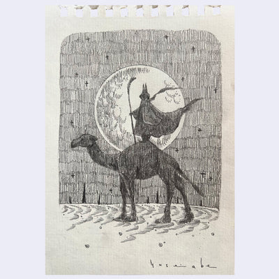 Graphite illustration of a cloaked cat character standing on the back of a camel in the desert.