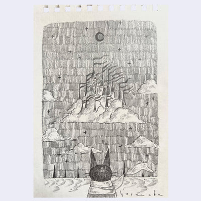 Graphite illustration of a town floating in the clouds, being looked upon by a small cat character.