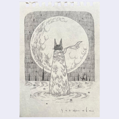 Graphite illustration of a cloaked cat figure, looking out towards a giant moon.